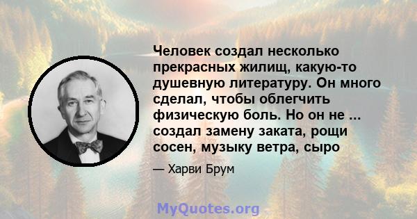 Человек создал несколько прекрасных жилищ, какую-то душевную литературу. Он много сделал, чтобы облегчить физическую боль. Но он не ... создал замену заката, рощи сосен, музыку ветра, сыро