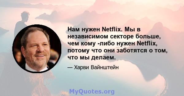 Нам нужен Netflix. Мы в независимом секторе больше, чем кому -либо нужен Netflix, потому что они заботятся о том, что мы делаем.