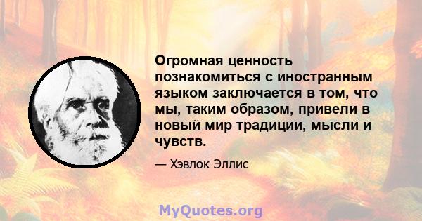 Огромная ценность познакомиться с иностранным языком заключается в том, что мы, таким образом, привели в новый мир традиции, мысли и чувств.