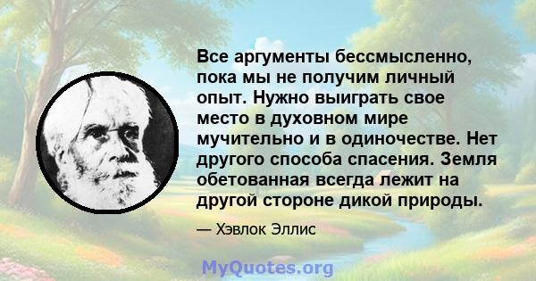 Все аргументы бессмысленно, пока мы не получим личный опыт. Нужно выиграть свое место в духовном мире мучительно и в одиночестве. Нет другого способа спасения. Земля обетованная всегда лежит на другой стороне дикой