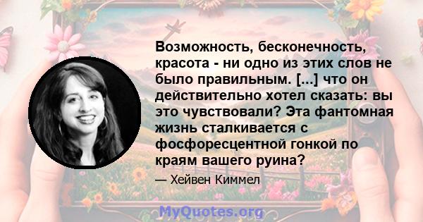 Возможность, бесконечность, красота - ни одно из этих слов не было правильным. [...] что он действительно хотел сказать: вы это чувствовали? Эта фантомная жизнь сталкивается с фосфоресцентной гонкой по краям вашего