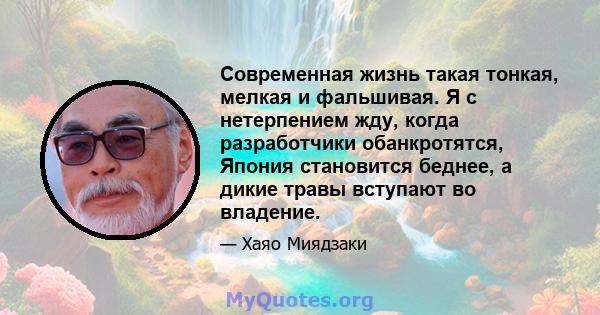 Современная жизнь такая тонкая, мелкая и фальшивая. Я с нетерпением жду, когда разработчики обанкротятся, Япония становится беднее, а дикие травы вступают во владение.