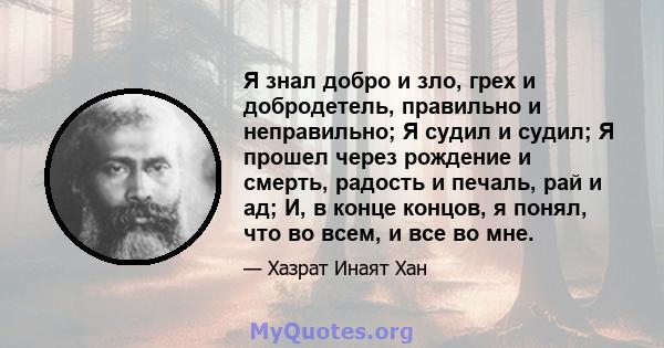 Я знал добро и зло, грех и добродетель, правильно и неправильно; Я судил и судил; Я прошел через рождение и смерть, радость и печаль, рай и ад; И, в конце концов, я понял, что во всем, и все во мне.