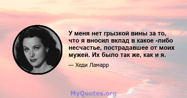 У меня нет грызкой вины за то, что я вносил вклад в какое -либо несчастье, пострадавшее от моих мужей. Их было так же, как и я.