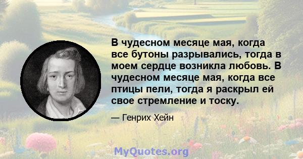 В чудесном месяце мая, когда все бутоны разрывались, тогда в моем сердце возникла любовь. В чудесном месяце мая, когда все птицы пели, тогда я раскрыл ей свое стремление и тоску.