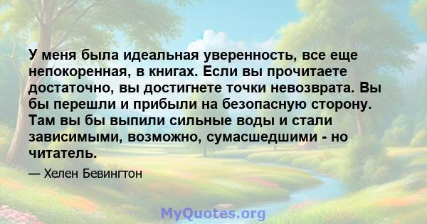 У меня была идеальная уверенность, все еще непокоренная, в книгах. Если вы прочитаете достаточно, вы достигнете точки невозврата. Вы бы перешли и прибыли на безопасную сторону. Там вы бы выпили сильные воды и стали