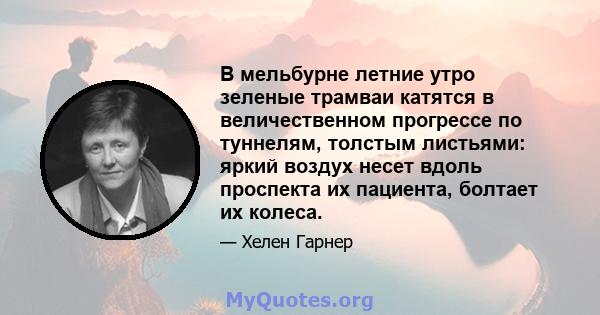 В мельбурне летние утро зеленые трамваи катятся в величественном прогрессе по туннелям, толстым листьями: яркий воздух несет вдоль проспекта их пациента, болтает их колеса.