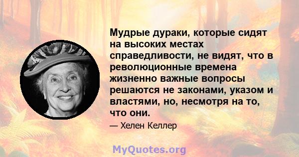 Мудрые дураки, которые сидят на высоких местах справедливости, не видят, что в революционные времена жизненно важные вопросы решаются не законами, указом и властями, но, несмотря на то, что они.