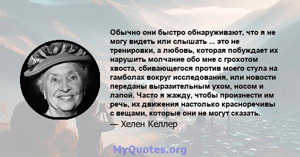 Обычно они быстро обнаруживают, что я не могу видеть или слышать ... это не тренировки, а любовь, которая побуждает их нарушить молчание обо мне с грохотом хвоста, сбивающегося против моего стула на гамболах вокруг