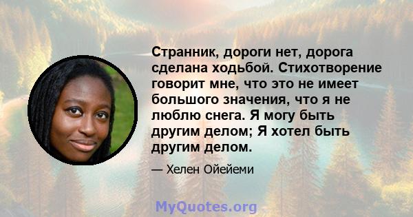 Странник, дороги нет, дорога сделана ходьбой. Стихотворение говорит мне, что это не имеет большого значения, что я не люблю снега. Я могу быть другим делом; Я хотел быть другим делом.