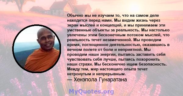 Обычно мы не изучаем то, что на самом деле находится перед нами. Мы видим жизнь через экран мыслей и концепций, и мы принимаем эти умственные объекты за реальность. Мы настолько увлечены этим бесконечным потоком мыслей, 