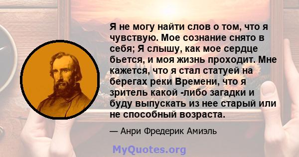 Я не могу найти слов о том, что я чувствую. Мое сознание снято в себя; Я слышу, как мое сердце бьется, и моя жизнь проходит. Мне кажется, что я стал статуей на берегах реки Времени, что я зритель какой -либо загадки и