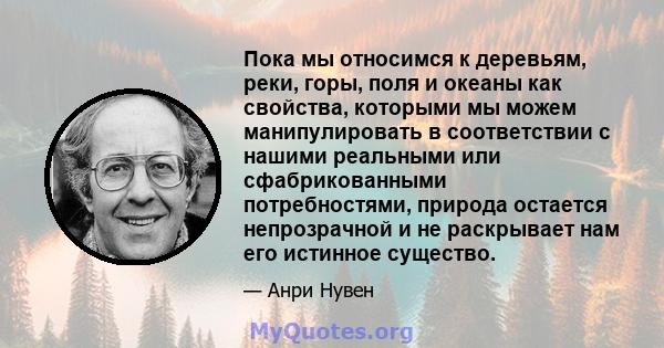 Пока мы относимся к деревьям, реки, горы, поля и океаны как свойства, которыми мы можем манипулировать в соответствии с нашими реальными или сфабрикованными потребностями, природа остается непрозрачной и не раскрывает