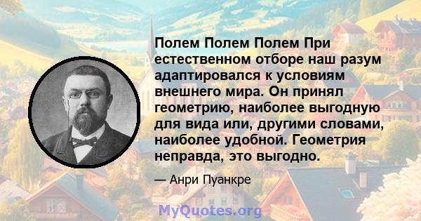 Полем Полем Полем При естественном отборе наш разум адаптировался к условиям внешнего мира. Он принял геометрию, наиболее выгодную для вида или, другими словами, наиболее удобной. Геометрия неправда, это выгодно.