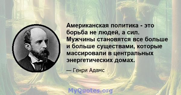 Американская политика - это борьба не людей, а сил. Мужчины становятся все больше и больше существами, которые массировали в центральных энергетических домах.