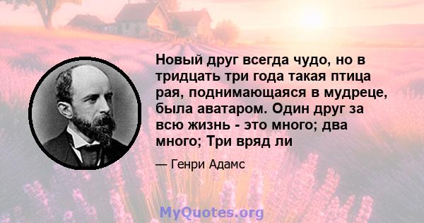 Новый друг всегда чудо, но в тридцать три года такая птица рая, поднимающаяся в мудреце, была аватаром. Один друг за всю жизнь - это много; два много; Три вряд ли