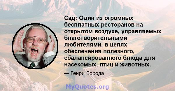 Сад: Один из огромных бесплатных ресторанов на открытом воздухе, управляемых благотворительными любителями, в целях обеспечения полезного, сбалансированного блюда для насекомых, птиц и животных.