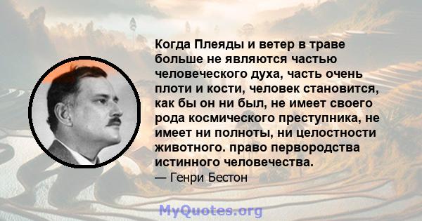 Когда Плеяды и ветер в траве больше не являются частью человеческого духа, часть очень плоти и кости, человек становится, как бы он ни был, не имеет своего рода космического преступника, не имеет ни полноты, ни