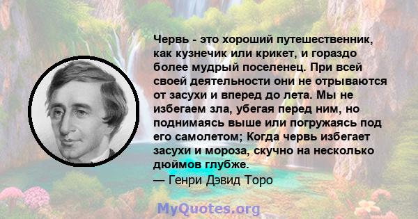 Червь - это хороший путешественник, как кузнечик или крикет, и гораздо более мудрый поселенец. При всей своей деятельности они не отрываются от засухи и вперед до лета. Мы не избегаем зла, убегая перед ним, но