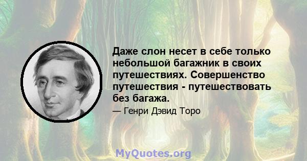 Даже слон несет в себе только небольшой багажник в своих путешествиях. Совершенство путешествия - путешествовать без багажа.