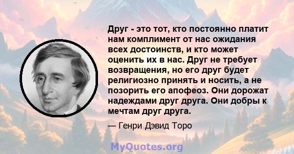 Друг - это тот, кто постоянно платит нам комплимент от нас ожидания всех достоинств, и кто может оценить их в нас. Друг не требует возвращения, но его друг будет религиозно принять и носить, а не позорить его апофеоз.