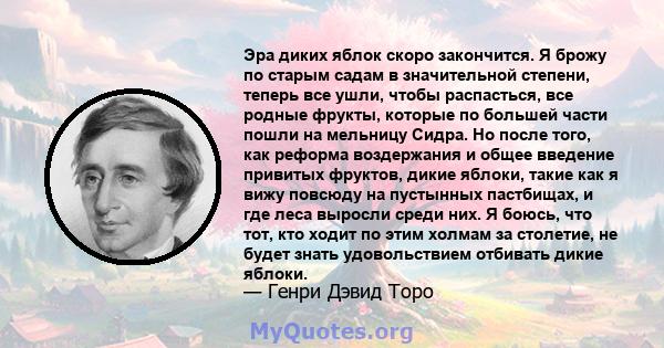 Эра диких яблок скоро закончится. Я брожу по старым садам в значительной степени, теперь все ушли, чтобы распасться, все родные фрукты, которые по большей части пошли на мельницу Сидра. Но после того, как реформа