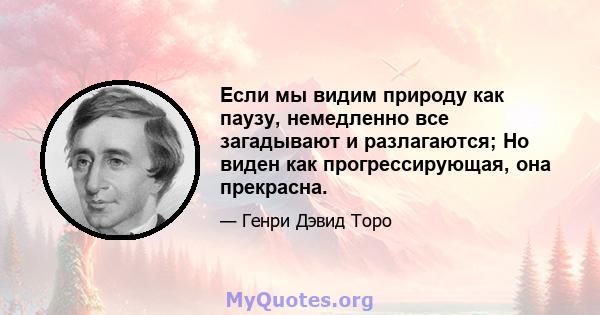 Если мы видим природу как паузу, немедленно все загадывают и разлагаются; Но виден как прогрессирующая, она прекрасна.