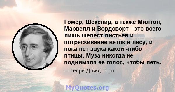 Гомер, Шекспир, а также Милтон, Марвелл и Вордсворт - это всего лишь шелест листьев и потрескивание веток в лесу, и пока нет звука какой -либо птицы. Муза никогда не поднимала ее голос, чтобы петь.