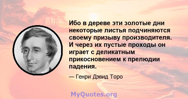 Ибо в дереве эти золотые дни некоторые листья подчиняются своему призыву производителя. И через их пустые проходы он играет с деликатным прикосновением к прелюдии падения.