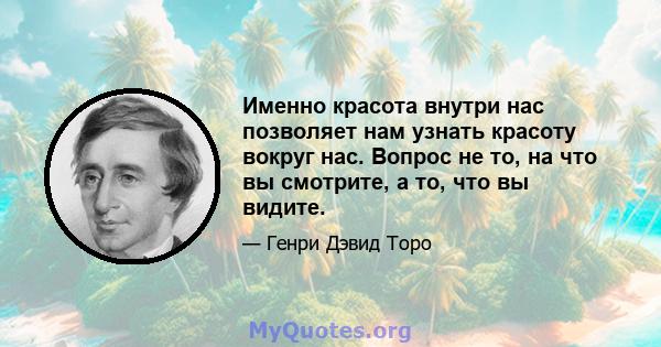 Именно красота внутри нас позволяет нам узнать красоту вокруг нас. Вопрос не то, на что вы смотрите, а то, что вы видите.