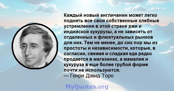 Каждый новый англичанин может легко поднять все свои собственные хлебные устремления в этой стране ржи и индийской кукурузы, а не зависеть от отдаленных и флюктуальных рынков для них. Тем не менее, до сих пор мы из