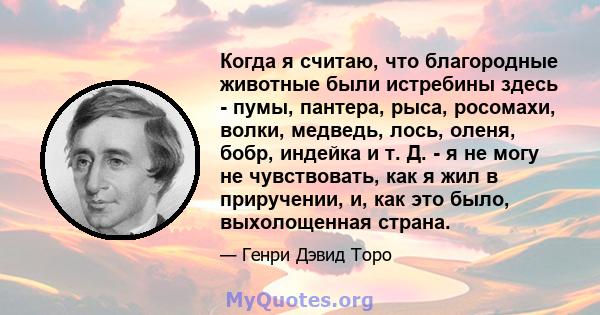 Когда я считаю, что благородные животные были истребины здесь - пумы, пантера, рыса, росомахи, волки, медведь, лось, оленя, бобр, индейка и т. Д. - я не могу не чувствовать, как я жил в приручении, и, как это было,