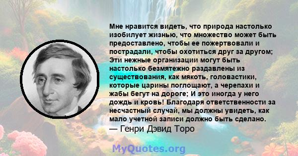 Мне нравится видеть, что природа настолько изобилует жизнью, что множество может быть предоставлено, чтобы ее пожертвовали и пострадали, чтобы охотиться друг за другом; Эти нежные организации могут быть настолько