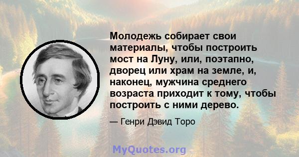 Молодежь собирает свои материалы, чтобы построить мост на Луну, или, поэтапно, дворец или храм на земле, и, наконец, мужчина среднего возраста приходит к тому, чтобы построить с ними дерево.