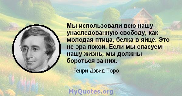 Мы использовали всю нашу унаследованную свободу, как молодая птица, белка в яйце. Это не эра покой. Если мы спасуем нашу жизнь, мы должны бороться за них.