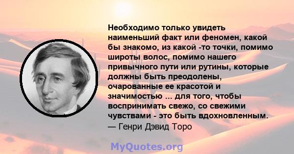 Необходимо только увидеть наименьший факт или феномен, какой бы знакомо, из какой -то точки, помимо широты волос, помимо нашего привычного пути или рутины, которые должны быть преодолены, очарованные ее красотой и