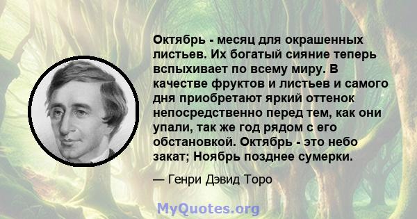 Октябрь - месяц для окрашенных листьев. Их богатый сияние теперь вспыхивает по всему миру. В качестве фруктов и листьев и самого дня приобретают яркий оттенок непосредственно перед тем, как они упали, так же год рядом с 