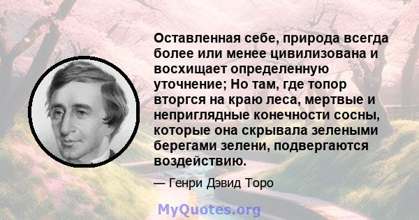 Оставленная себе, природа всегда более или менее цивилизована и восхищает определенную уточнение; Но там, где топор вторгся на краю леса, мертвые и неприглядные конечности сосны, которые она скрывала зелеными берегами