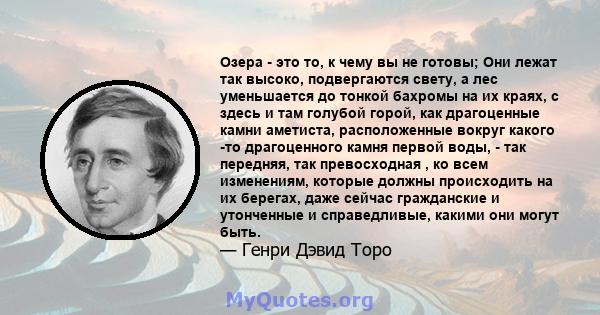 Озера - это то, к чему вы не готовы; Они лежат так высоко, подвергаются свету, а лес уменьшается до тонкой бахромы на их краях, с здесь и там голубой горой, как драгоценные камни аметиста, расположенные вокруг какого