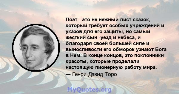 Поэт - это не нежный лист сказок, который требует особых учреждений и указов для его защиты, но самый жесткий сын -уезд и небеса, и благодаря своей большей силе и выносливости его обморок узнают Бога в Нем. В конце