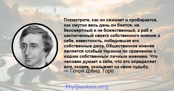 Посмотрите, как он сжимает и пробирается, как смутно весь день он боится, не бессмертный и не божественный, а раб и заключенный своего собственного мнения о себе, известность, победившая его собственные дела.