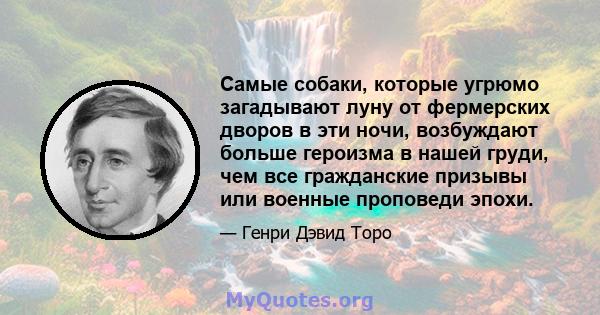 Самые собаки, которые угрюмо загадывают луну от фермерских дворов в эти ночи, возбуждают больше героизма в нашей груди, чем все гражданские призывы или военные проповеди эпохи.