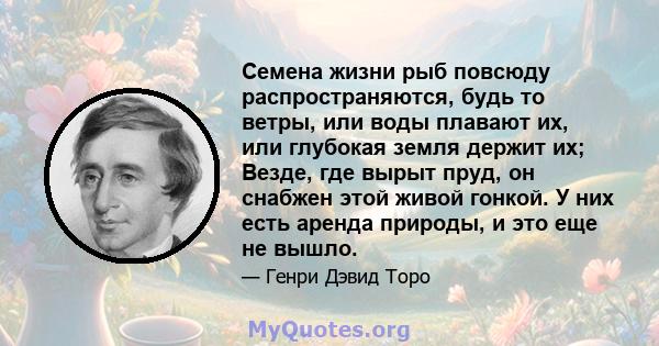 Семена жизни рыб повсюду распространяются, будь то ветры, или воды плавают их, или глубокая земля держит их; Везде, где вырыт пруд, он снабжен этой живой гонкой. У них есть аренда природы, и это еще не вышло.