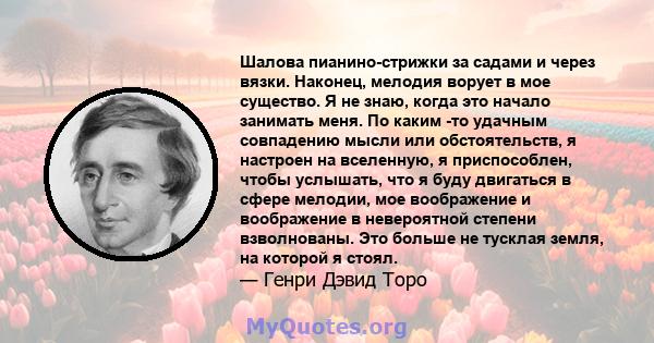 Шалова пианино-стрижки за садами и через вязки. Наконец, мелодия ворует в мое существо. Я не знаю, когда это начало занимать меня. По каким -то удачным совпадению мысли или обстоятельств, я настроен на вселенную, я