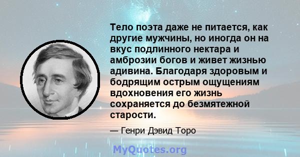 Тело поэта даже не питается, как другие мужчины, но иногда он на вкус подлинного нектара и амброзии богов и живет жизнью адивина. Благодаря здоровым и бодрящим острым ощущениям вдохновения его жизнь сохраняется до