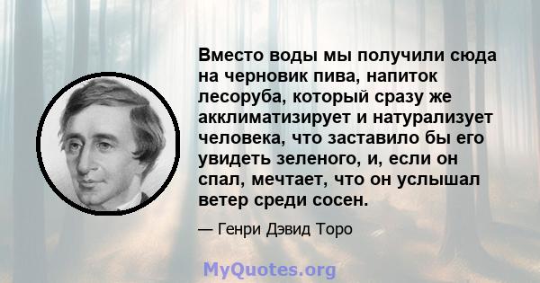 Вместо воды мы получили сюда на черновик пива, напиток лесоруба, который сразу же акклиматизирует и натурализует человека, что заставило бы его увидеть зеленого, и, если он спал, мечтает, что он услышал ветер среди