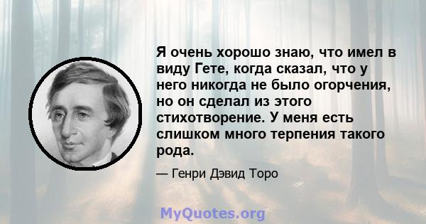 Я очень хорошо знаю, что имел в виду Гете, когда сказал, что у него никогда не было огорчения, но он сделал из этого стихотворение. У меня есть слишком много терпения такого рода.