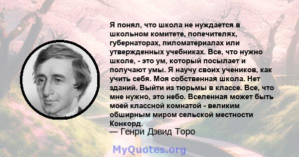 Я понял, что школа не нуждается в школьном комитете, попечителях, губернаторах, пиломатериалах или утвержденных учебниках. Все, что нужно школе, - это ум, который посылает и получают умы. Я научу своих учеников, как