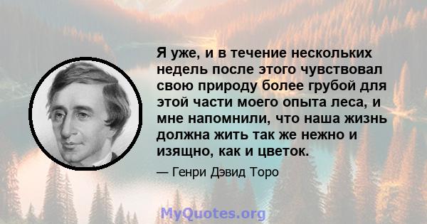 Я уже, и в течение нескольких недель после этого чувствовал свою природу более грубой для этой части моего опыта леса, и мне напомнили, что наша жизнь должна жить так же нежно и изящно, как и цветок.