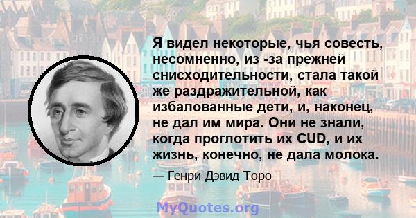 Я видел некоторые, чья совесть, несомненно, из -за прежней снисходительности, стала такой же раздражительной, как избалованные дети, и, наконец, не дал им мира. Они не знали, когда проглотить их CUD, и их жизнь,